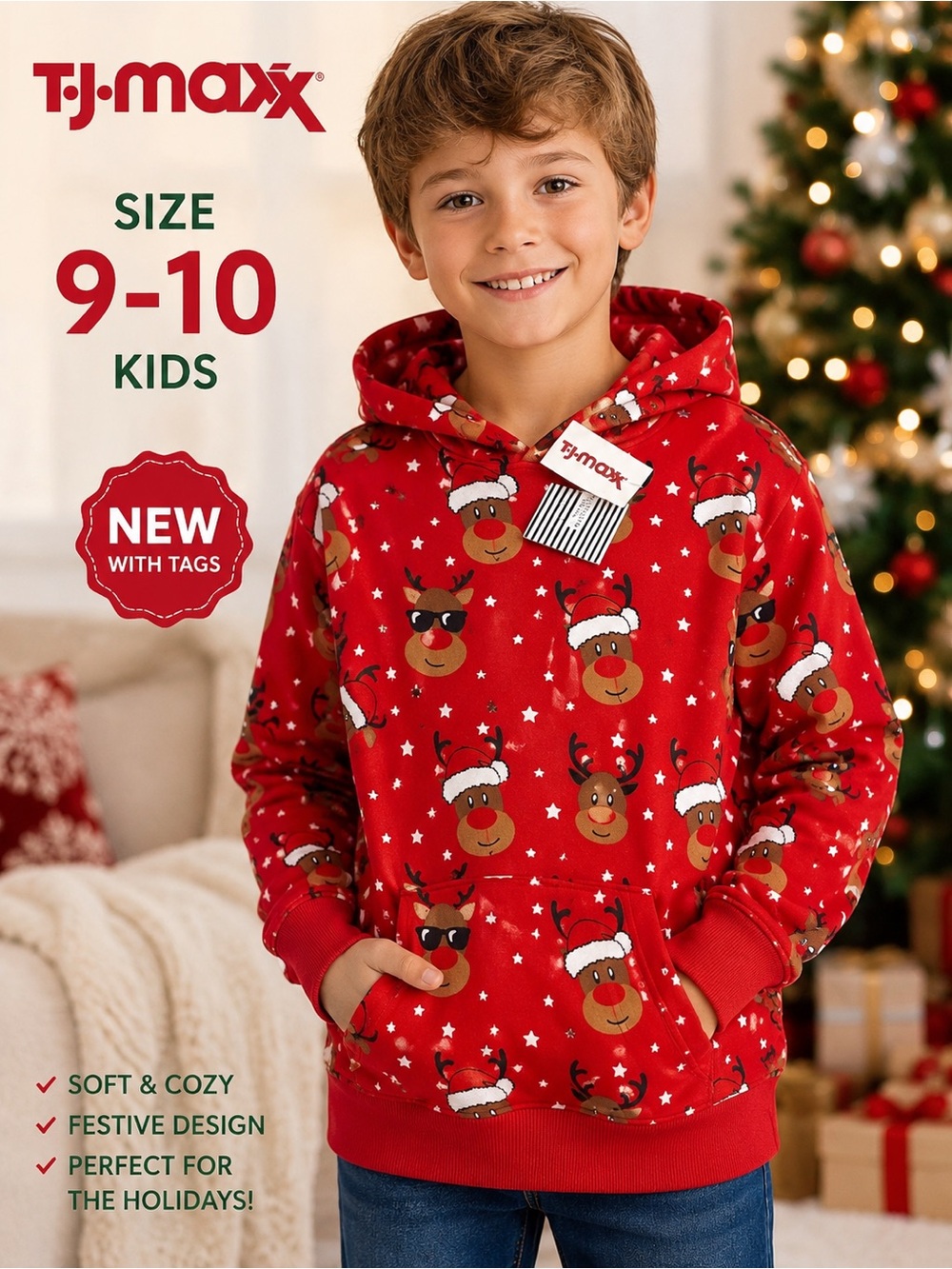 NEW Kids Christmas Reindeer Hoodie Red Holiday Pullover Size 9/10